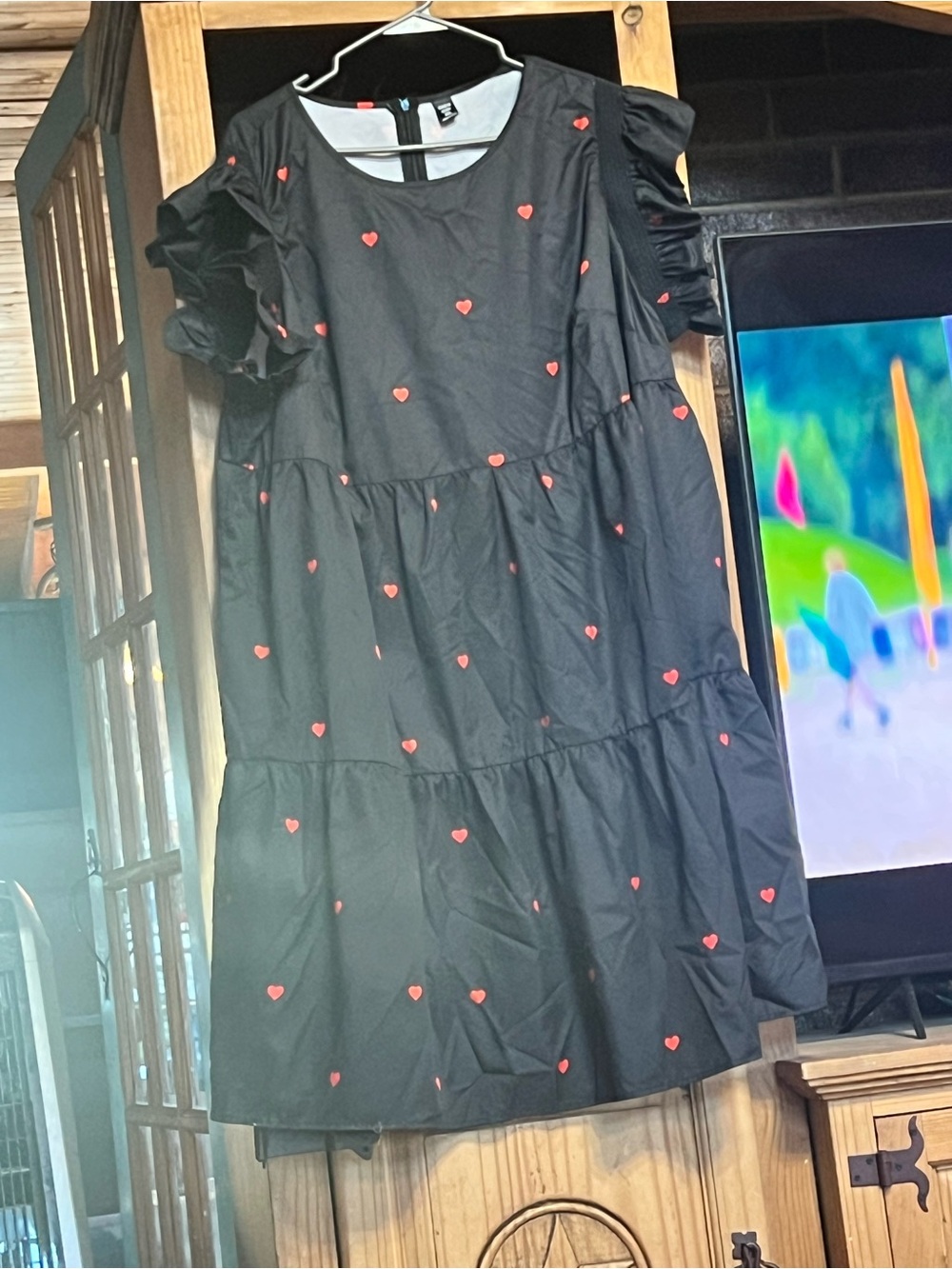SHEIN Black Tiered Dress with Red Heart Print